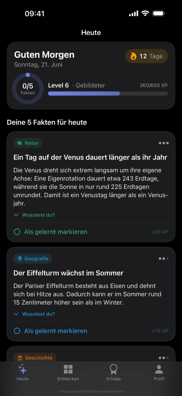 5 Fakten am Tag – Startbildschirm mit den Fakten des Tages